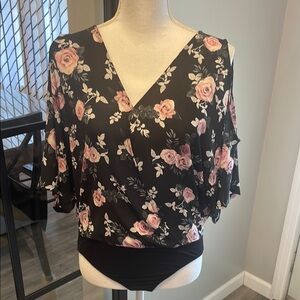 Terranova Cold Shoulder Floral Short Sleeve Bodysuit